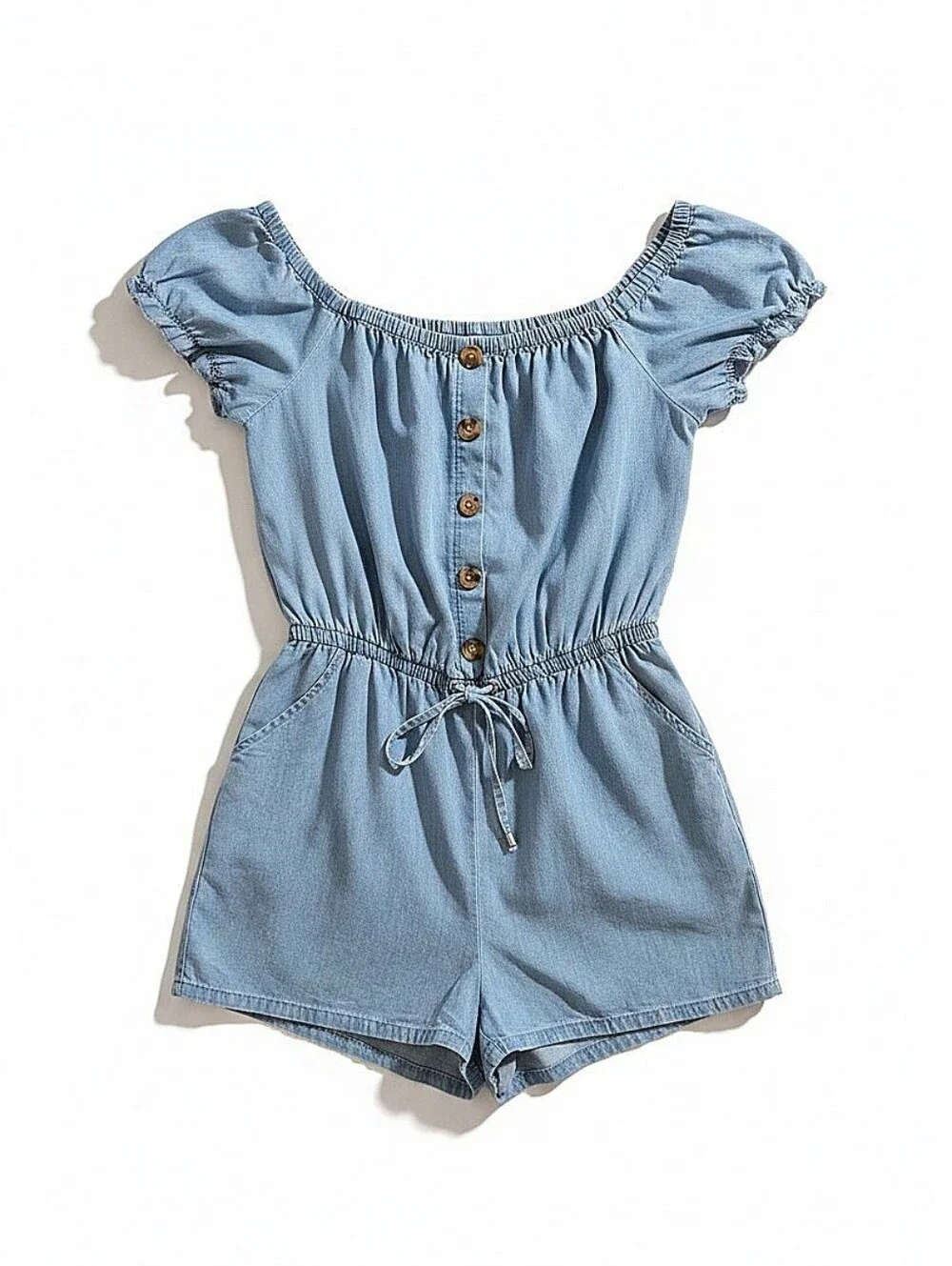 NWT! Guess Chambray Off-Shoulder Romper in Light Blue
